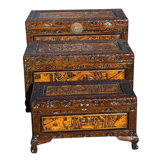 Vintage Chinese Camphor Wood Hand Crafted Nesting Chests Tables- Set of 3 For Sale