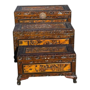 Vintage Chinese Camphor Wood Hand Crafted Nesting Chests Tables- Set of 3