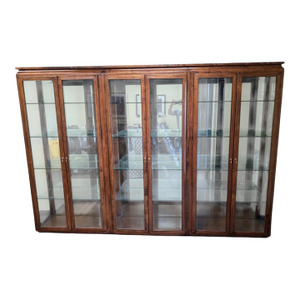 Modern Drexel Style Pine Wood Glass Mirror Three Unit Lighted Vitrine Display Cabinet China Case Etageres, Attributed