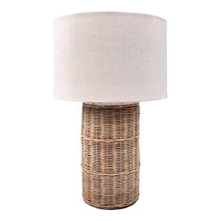 Early 21st Century Rattan Table Lamp With Natural Linen Shade For Sale