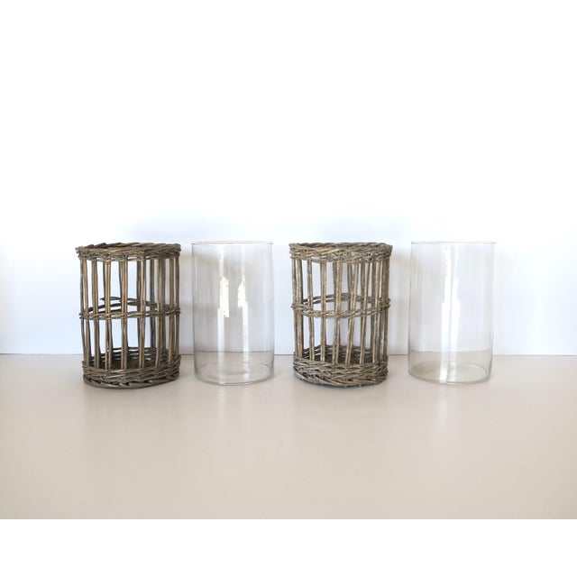 Late 20th Century Wicker and Glass Hurricane Candle Lamps, Pair For Sale In New York - Image 6 of 7
