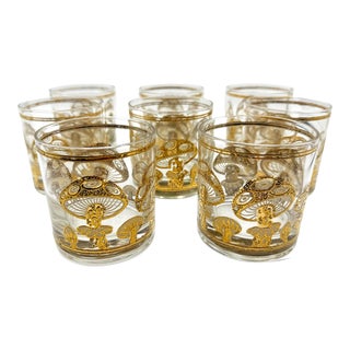 Culver 22k Gold 1960s Mushroom Design Double Old Fashioned Glassware Barware For Sale
