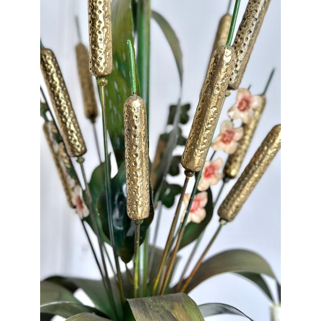 French Country Tole Botanical Five-Light Chandelier with Cattails and Flowers, 1960s For Sale - Image 14 of 17