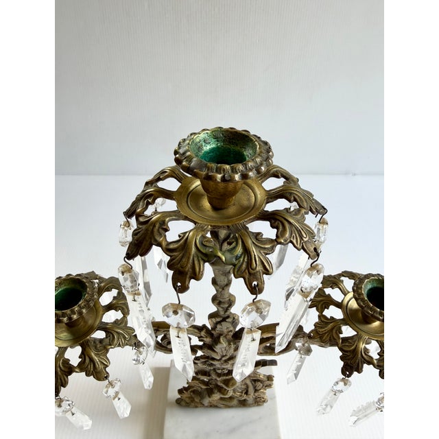 Antique Brass Victorian Couple 3 Arm Girandole Candlestick With Marble Base & Prisms For Sale - Image 9 of 17
