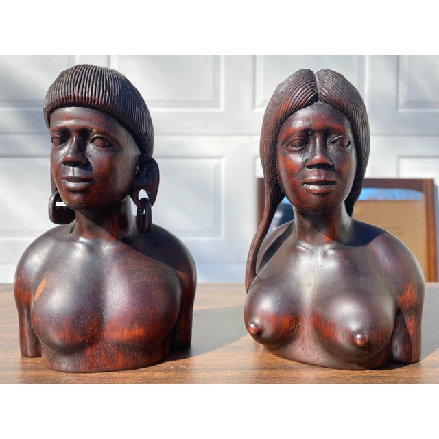 Indonesian Hand Carved Wood Busts - Set of 2 For Sale In Milwaukee - Image 6 of 6