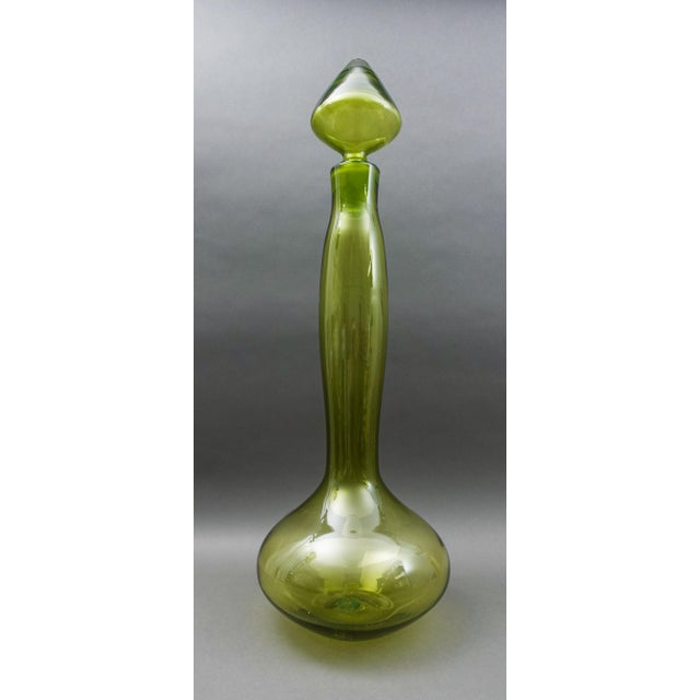 Mid-Century Modern Blenko 2005 Signed Monumental Olive Green Art Glass Genie Bottle Decanter For Sale - Image 3 of 9