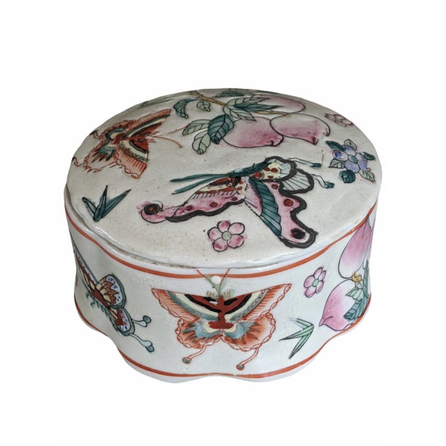 Vintage Chinese Chinoiserie Butterfly Hand Painted Ceramic Porcelain Trinket Dish For Sale - Image 4 of 7