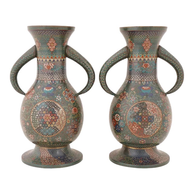 Pair of Antique Japanese Cloisonné Enamel Vases For Sale