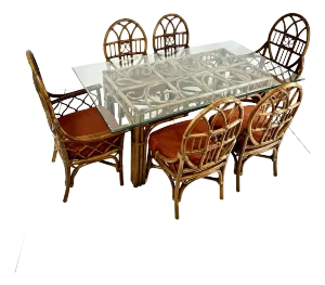 Vintage Rattan Dining Set- Table and 6 Chairs