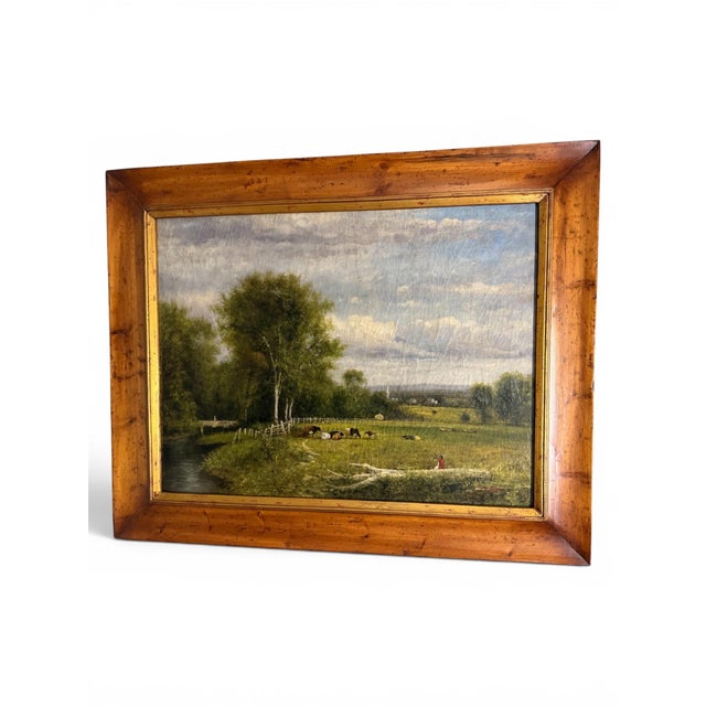 American Traditional Pastoral Landscape Oil Painting in a Rustic Pine Frame / English Country Side Scene For Sale - Image 3 of 7