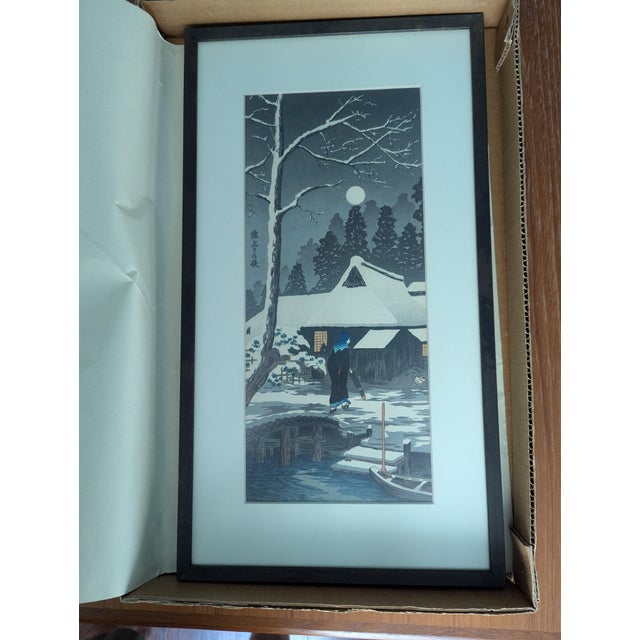 Wood Vintage Takahashi Shōtei (Hiroaki) Woodblock Print "Snowy Night With a Hazy Moon" For Sale - Image 7 of 7