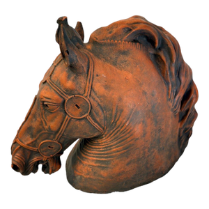 Vintage Terracotta Horse Head Sculpture With Equestrian Bridle Detail