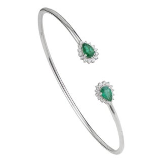 Contemporary Twin Emerald & Diamond Halo Open Cuff Bangle Bracelet in Sterling Silver For Sale
