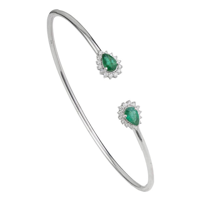 Contemporary Twin Emerald & Diamond Halo Open Cuff Bangle Bracelet in Sterling Silver For Sale