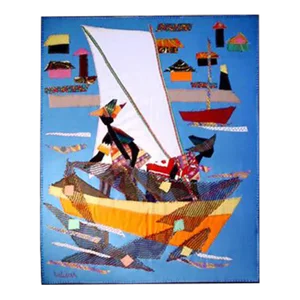 Caribbean Fishermen, Unknown Artist Collage Tapestry of Patchwork Fabrics, Signed 'Galisier' l.l.