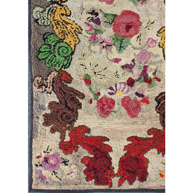American Antique American Hooked Rug With Red Rose, Brown, Green, Yellow Flower Bouquets For Sale - Image 3 of 8