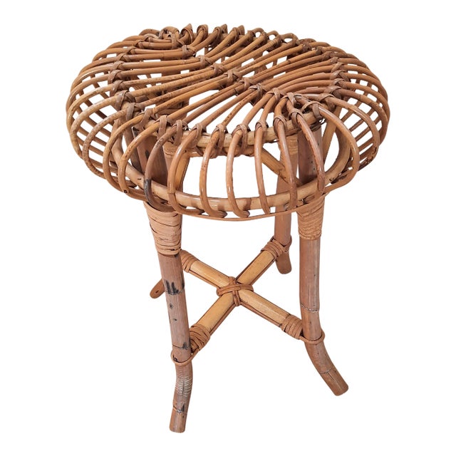 Vintage Rattan Bamboo Round Plant Stand For Sale