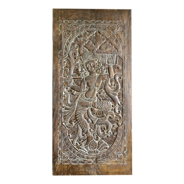 Hand Carved Vintage Indian Door Panel – Krishna Wall Art 84x41 For Sale
