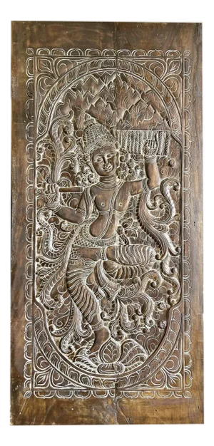 Hand Carved Vintage Indian Door Panel – Krishna Wall Art 84x41