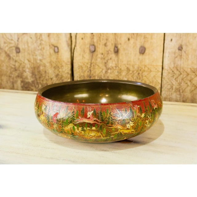 Early 20th Century Hand Painted Forest Themed Kashmiri Bowl For Sale - Image 5 of 6