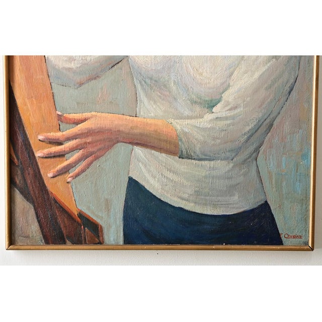 French vintage oil on canvas painting by Francois Cruciani, titled "Behind the Easel". The subject, a young artist...