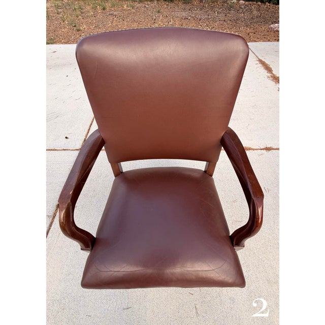 Plastic Set of 4 Vintage 1990s Gunlocke Georgian Style Brown Vinyl Armchairs For Sale - Image 7 of 18