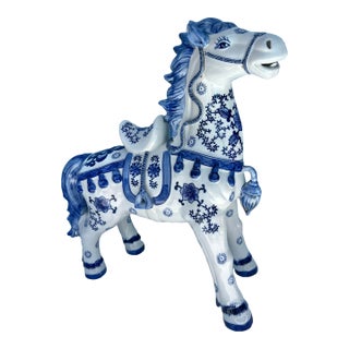 Vintage Blue & White Ceramic Tang Dynasty War Horse For Sale