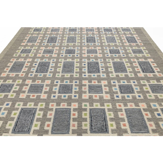 Modern Swedish Style Flatweave Wool Rug With Geometric in in Charcoal & Pastels For Sale - Image 10 of 11