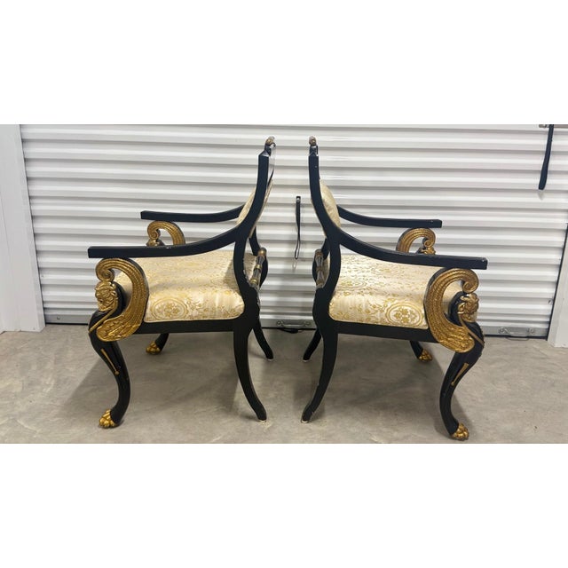 Hollywood Regency 1960s Pair of Italian Hollywood Regency Empire-Style Black & Gold Lion-Head Armchairs For Sale - Image 3 of 11