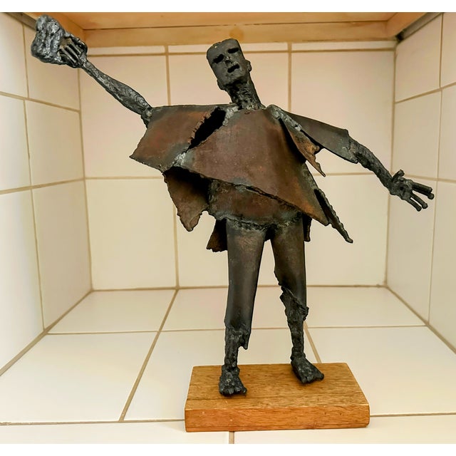 Vintage Brutalist Modernist Welded Steel Figural Sculpture, Signed For Sale - Image 14 of 17