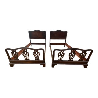 1950s Chippendale Carved Mahogany Twin Bed Frames - a Pair For Sale