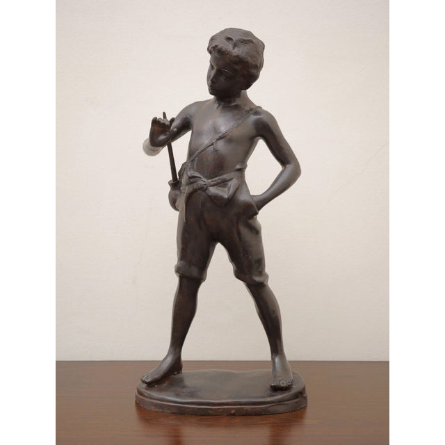 After Auguste Moreau, Statue Of A Boy with A Flute, Bronze For Sale - Image 11 of 11