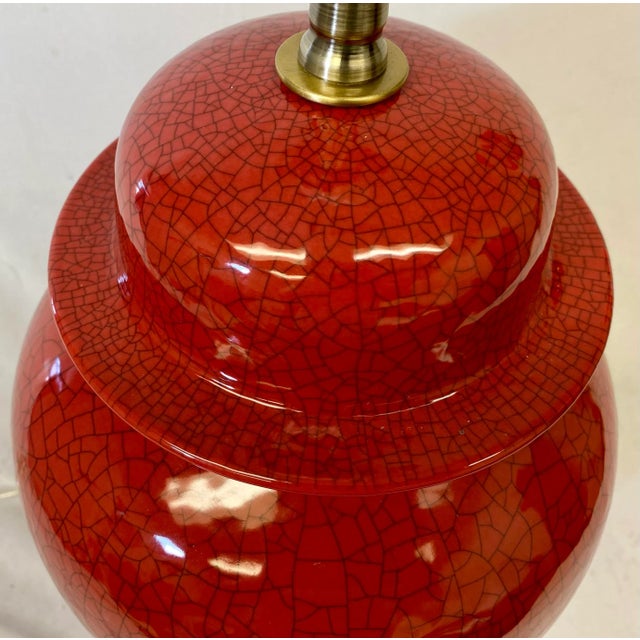 Red Porcelain Temple Jar Table Lamp in a Red Crackle Finish on a Wooden Base With White Barrel Lampshade For Sale - Image 8 of 12