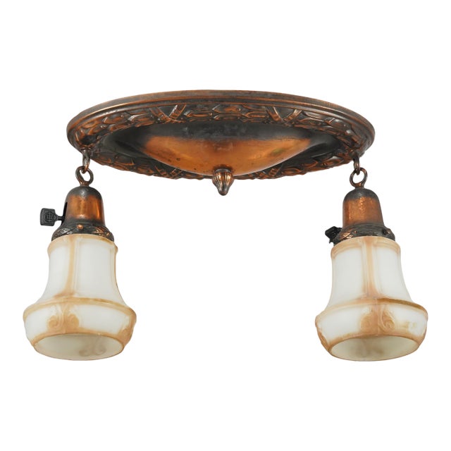 Early 20th Century Victorian Japanned Brass Pan Semi Flush Mount Light - Restored For Sale