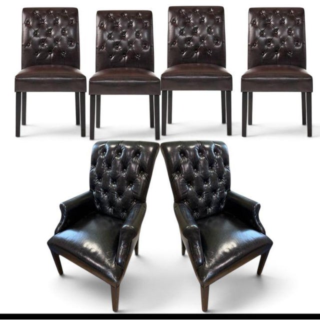 Black Bennett Roll-Back Restoration Hardware Black Chesterfield Leather Dining Armchair For Sale - Image 8 of 8
