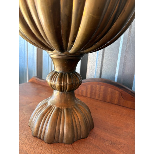 Brass Large Vintage Scalloped Ribbed Brass Pedestal Compote Bowl For Sale - Image 8 of 11