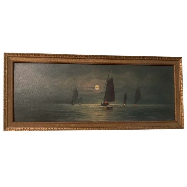 American 19 Century Maritime Oil painting.This Moonlit Maritime Painting 19century Atmospheric Nocturnal Scene a Style Often Referred to as Nocturne. For Sale