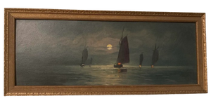 American 19 Century Maritime Oil painting.This Moonlit Maritime Painting 19century Atmospheric Nocturnal Scene a Style Often Referred to as Nocturne.