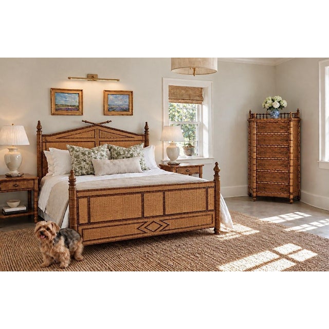 British Colonial Style Faux Bamboo and Rattan Queen Bed in Tortoise Finish For Sale - Image 12 of 16