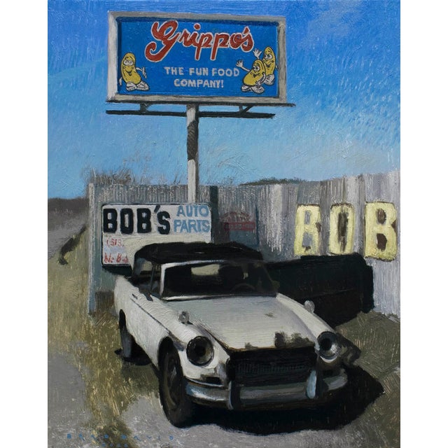 Realism Bobs Used Auto Parts by Brad Davis | Oil on wood panel Vintage car outside an auto parts shop For Sale - Image 3 of 5