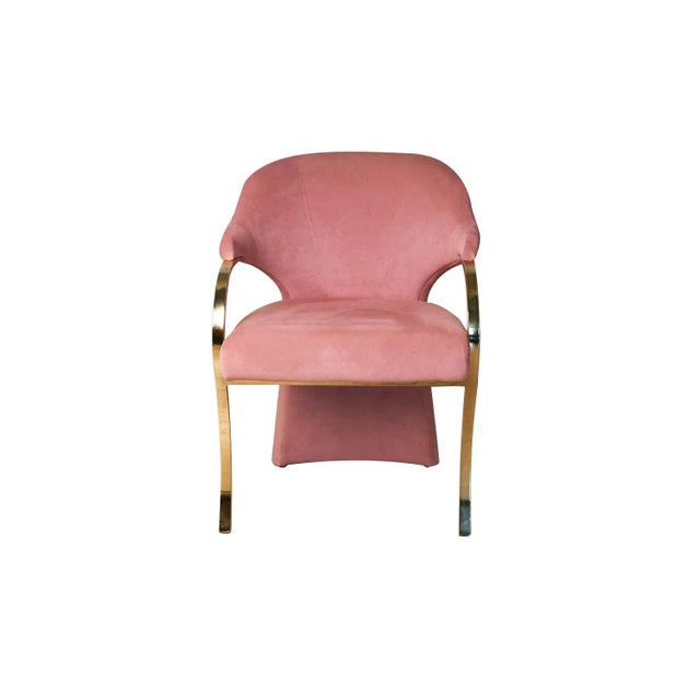 Vintage Hollywood Regency upholstered Carson’s armchair in great modern form, featuring a brass cantilever frame with a...