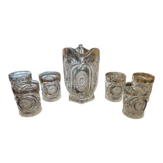 Vintage Pressed Cut Glass Water Set Pitcher & 6 Tumblers Eapg Crystal Barware For Sale