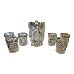 Vintage Pressed Cut Glass Water Set Pitcher & 6 Tumblers Eapg Crystal Barware
