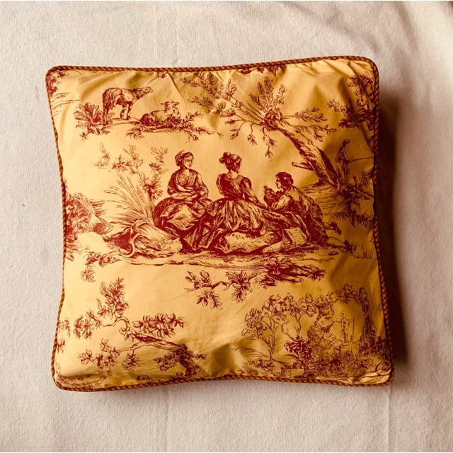 Toile De Jouy Throw Pillow Cover, Eté Pattern, Red and Gold, 20-Inch Square For Sale - Image 9 of 12