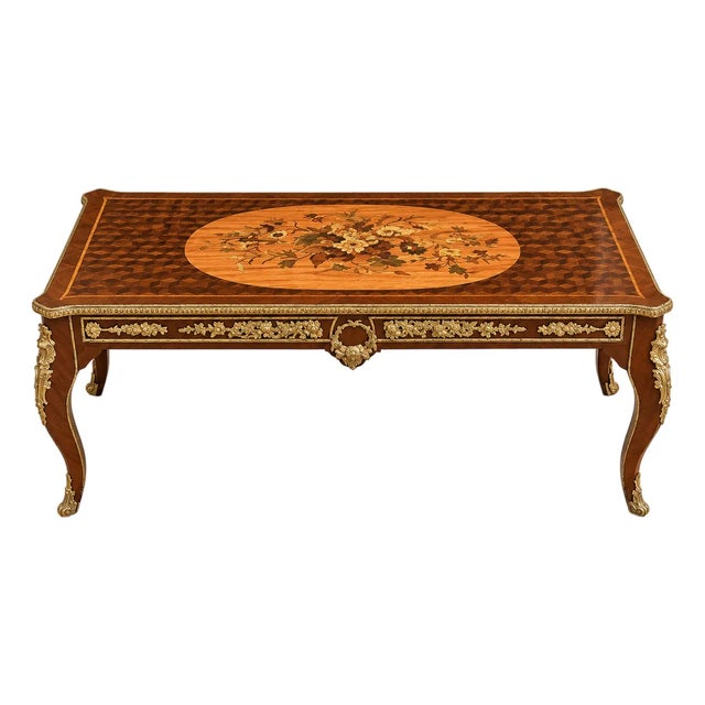 French-Inspired Louis XV Coffee Table – Rich Wood Finish With Intricate Gilded Details For Sale