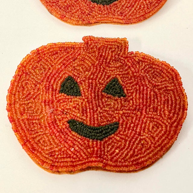 Pumpkin 1980s Vintage Americana Boho Chic Beaded Pumpkin Jack-O-Lantern Coasters - Set of 4, Halloween For Sale - Image 8 of 9
