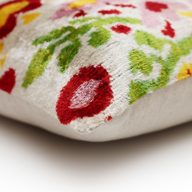 Beige Hand-Knotted Silk Velvet Ikat Pillow - 16x16 Terracotta & Sage Medallion For Sale - Image 8 of 9