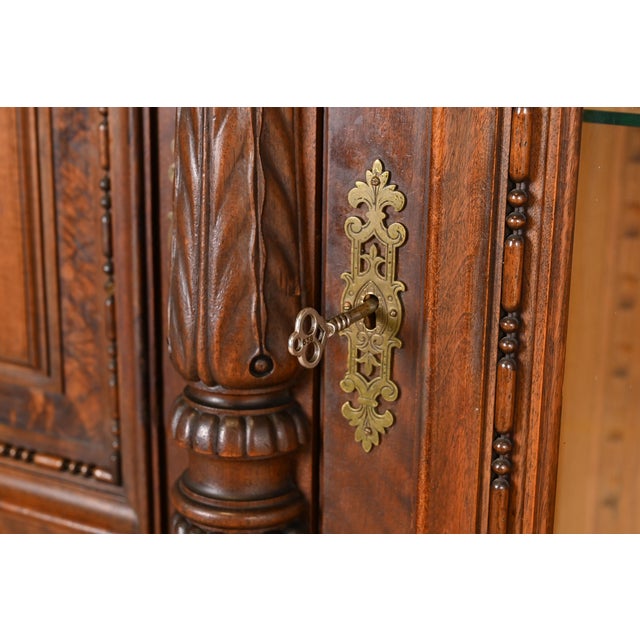 Brown Herter Brothers Style Monumental Antique Eastlake Victorian Carved Walnut and Burl Wood Triple Bookcase Cabinet For Sale - Image 8 of 13