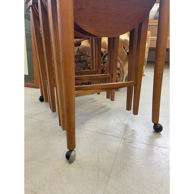 Brown Vintage Mid-Century Modern Nesting Table Set With Three Round Stowaway Stools/Tables on Casters - Uk Import For Sale - Image 8 of 11