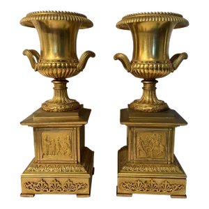 19th Century Neoclassical Gilt Bronze Grand Tour Mounted Urns - a Pair